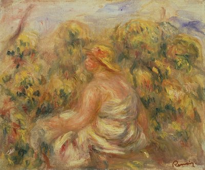 Frau mit Hut in einer Landschaft, ca. 1918 von Pierre Auguste Renoir